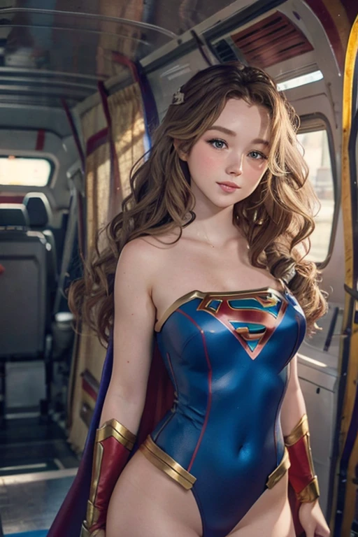 a beautiful freckled woman with pale skin, wavy hair, smiling, wearing a sexy Supergirl costume with one exposed breast, (brec bassinger), blushing cheeks, large breasts, ultra-detailed, 8k, best quality, photorealistic, vivid colors, dramatic lighting