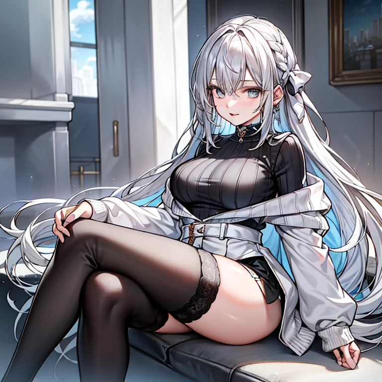 (1girl), sit on chair，Absolute realm，‎Classroom，Sitting，Crossed legs，Ultra High Resolution, 16k, ((Masterpiece)), ((Best Quality))), ((Ultra Detailed)), (ultra high resolution), looking at viewer, (lipstick:0.75), winter, vivid colors, Silver hair, Pale skin, Beautiful detailed face, Detailed eyes, posing on a white background, dynamic lighting, dynamic shadowing, looking at viewer, White stone punk fashion,(Posing for a photo),((White clothes)), (((black thigh highs))), jean shorts, skirt, white sweater, ((Blue eyes)), happy, smiling, black straps, black strap design, ((Long white hair)), energetic, cheerful, cityscape background, (((long black sleeves))), ((long black sleeves)), black sleeves, ((((pure white sweater))))