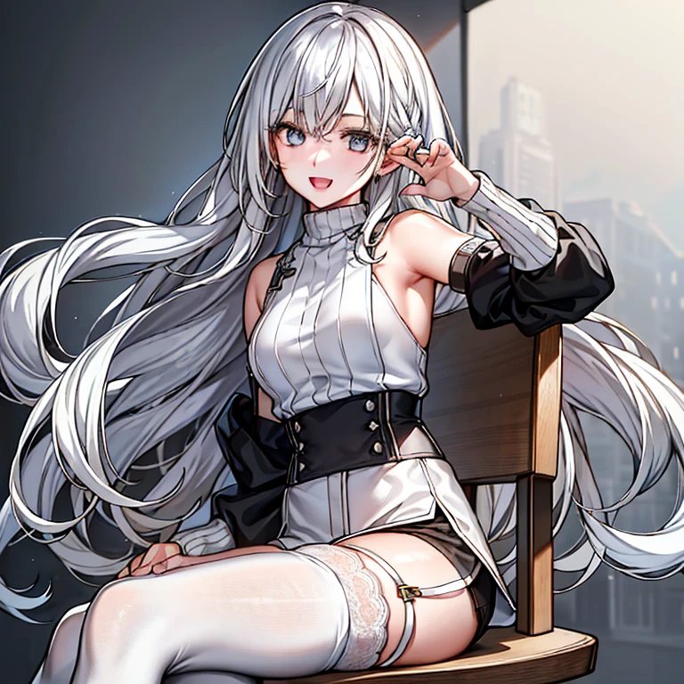 (1girl), sit on chair，Absolute realm，‎Classroom，Sitting，Crossed legs，Ultra High Resolution, 16k, ((Masterpiece)), ((Best Quality))), ((Ultra Detailed)), (ultra high resolution), looking at viewer, (lipstick:0.75), winter, vivid colors, Silver hair, Pale skin, Beautiful detailed face, Detailed eyes, posing on a white background, dynamic lighting, dynamic shadowing, looking at viewer, White stone punk fashion,(Posing for a photo),((White clothes)), (((black thigh highs))), jean shorts, skirt, white sweater, ((Blue eyes)), happy, smiling, black straps, black strap design, ((Long white hair)), energetic, cheerful, cityscape background, (((long black sleeves))), ((long black sleeves)), black sleeves, ((((pure white sweater))))