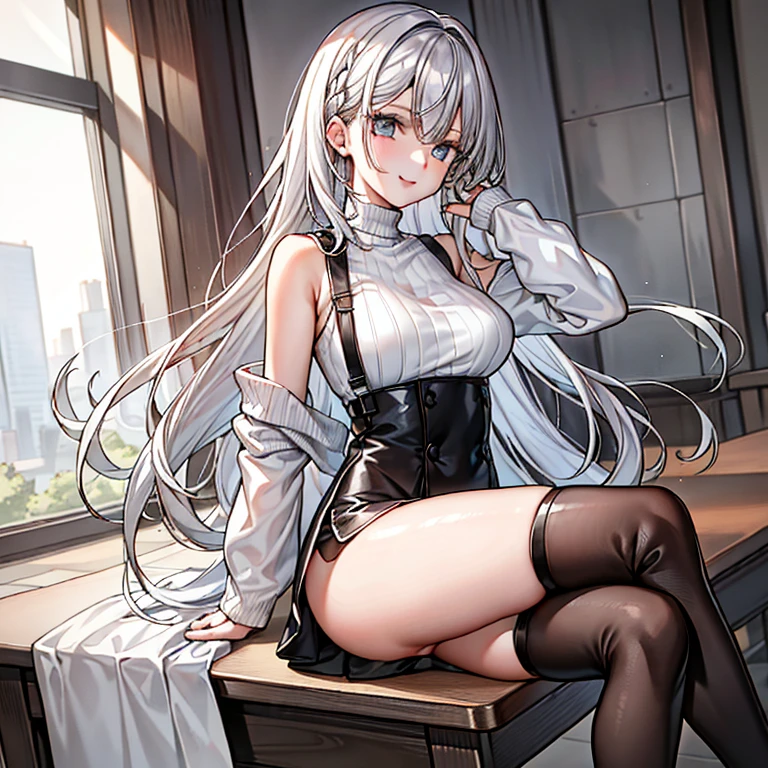 (1girl), sit on chair，Absolute realm，‎Classroom，Sitting，Crossed legs，Ultra High Resolution, 16k, ((Masterpiece)), ((Best Quality))), ((Ultra Detailed)), (ultra high resolution), looking at viewer, (lipstick:0.75), winter, vivid colors, Silver hair, Pale skin, Beautiful detailed face, Detailed eyes, posing on a white background, dynamic lighting, dynamic shadowing, looking at viewer, White stone punk fashion,(Posing for a photo),((White clothes)), (((black thigh highs))), jean shorts, skirt, white sweater, ((Blue eyes)), happy, smiling, black straps, black strap design, ((Long white hair)), energetic, cheerful, cityscape background, (((long black sleeves))), ((long black sleeves)), black sleeves, ((((pure white sweater))))