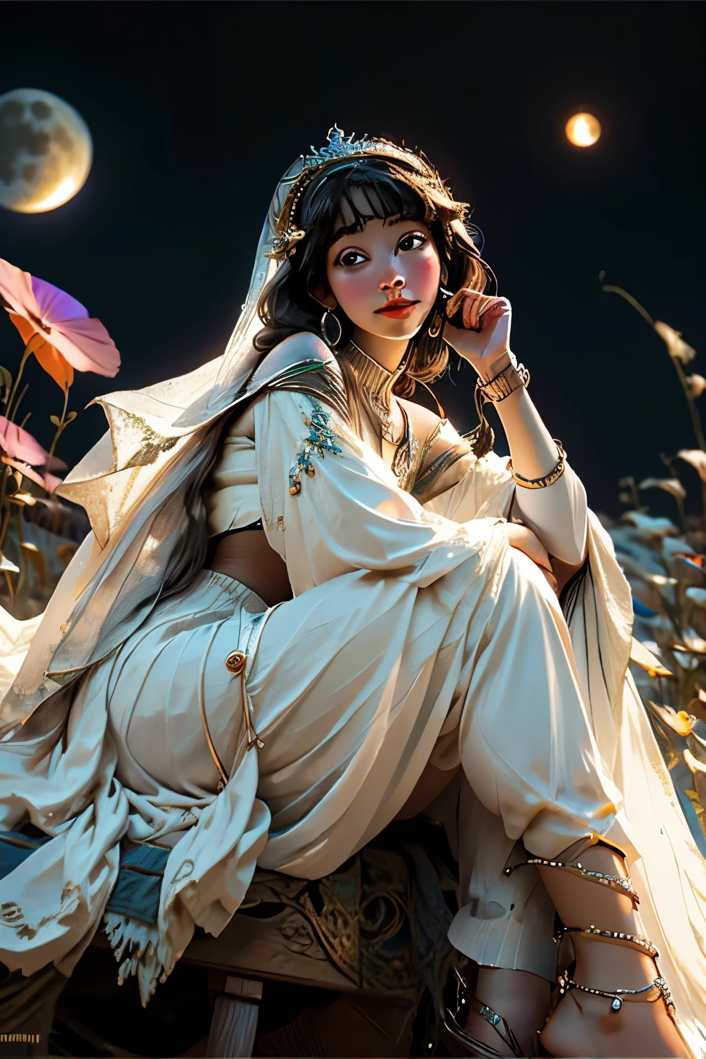 moon queen singing to a crescent moon, sitting on a crescent moon, 8k resolution impressionism mono-color,