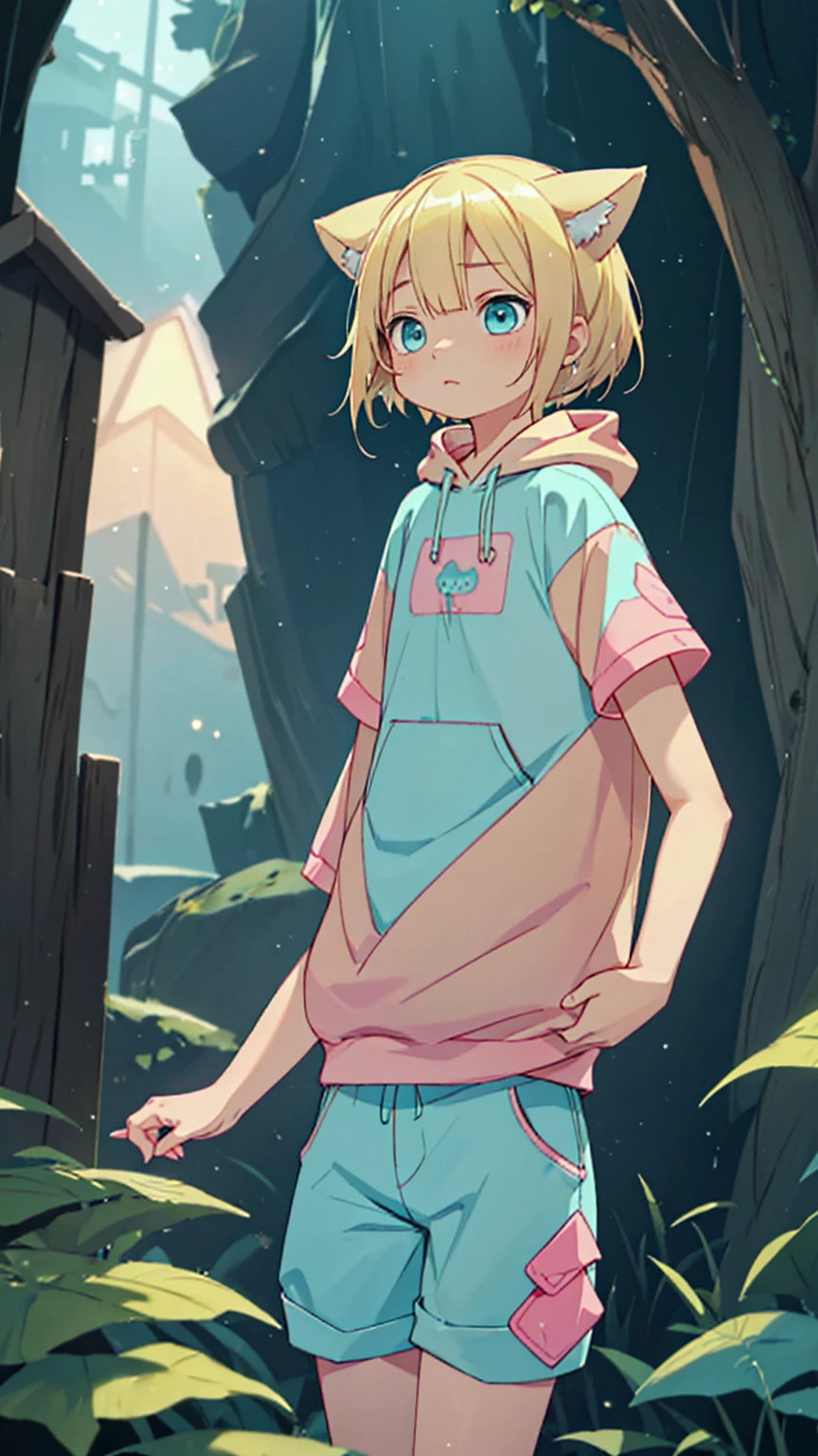 Plain pink short sleeve hoodie。Turquoise Eyes、8-year-old girl, (Eye color is turquoise), SFW,
Blonde Hair、Short Hair、Cat ear、(Blonde :1.5),
White skin, Wooden village, (Flat Chest), Denim shorts,
outside, bright,, Plain pink short sleeve hoodie,I tried drawing a belly button in the style of Made in Abyss,
Soft lighting and detailed environments、Create immersive environments that inspire your imagination、Delivering high quality visuals, Dim lighting, Sharply focused, Octane Rendering, 8K Ultra HD