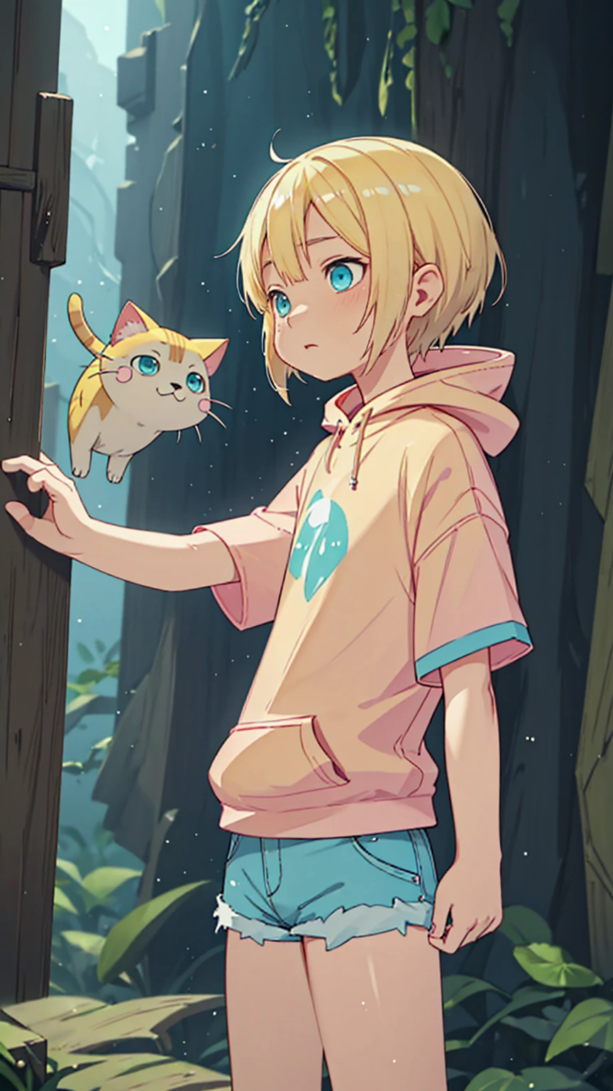 Plain pink short sleeve hoodie。Turquoise Eyes、8-year-old girl, (Eye color is turquoise), SFW,
Blonde Hair、Short Hair、Cat ear、(Blonde :1.5),
White skin, Wooden village, (Flat Chest), Denim shorts,
outside, bright,, Plain pink short sleeve hoodie,I tried drawing a belly button in the style of Made in Abyss,
Soft lighting and detailed environments、Create immersive environments that inspire your imagination、Delivering high quality visuals, Dim lighting, Sharply focused, Octane Rendering, 8K Ultra HD