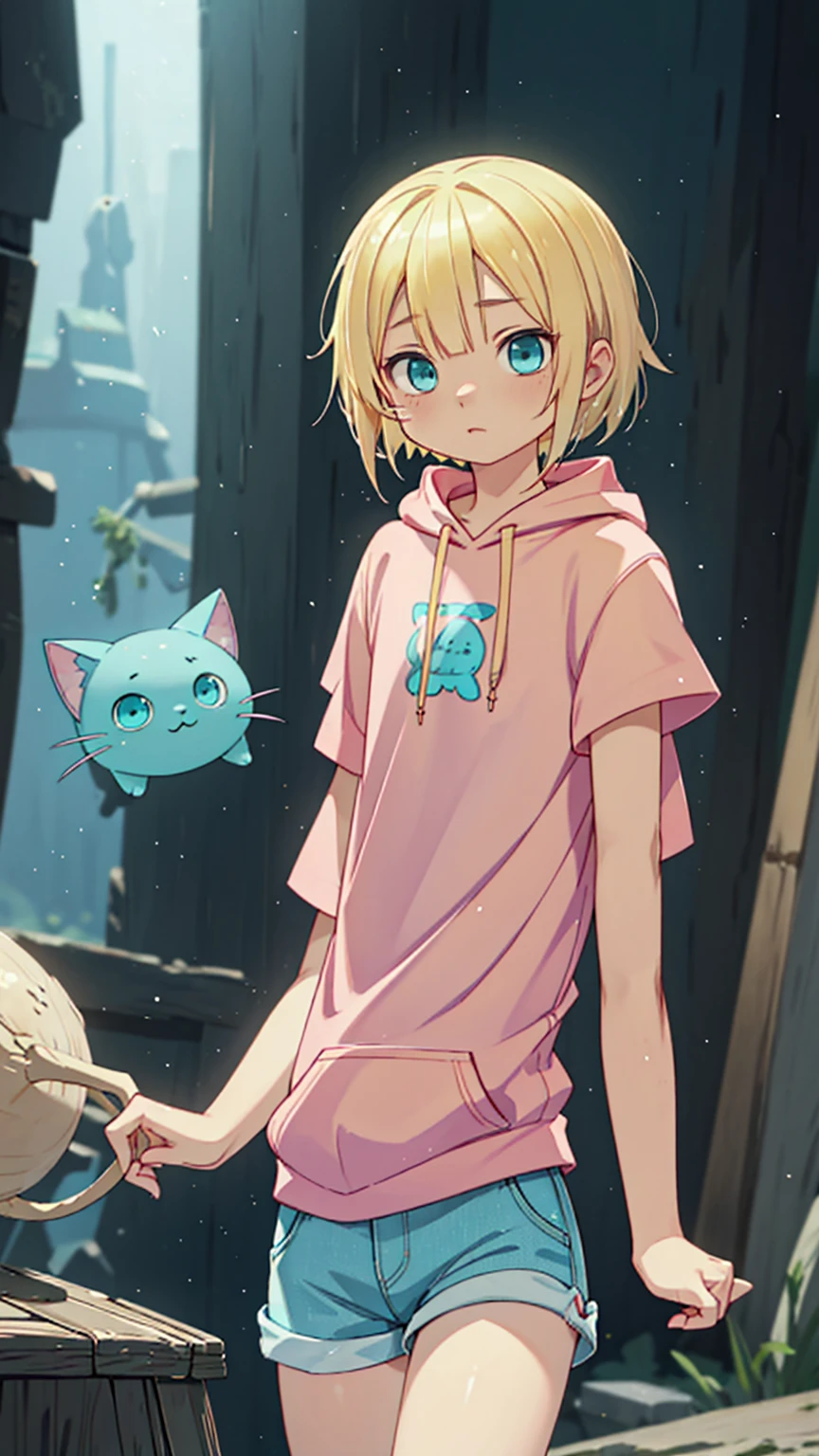 Plain pink short sleeve hoodie。Turquoise Eyes、8-year-old girl, (Eye color is turquoise), SFW,
Blonde Hair、Short Hair、Cat ear、(Blonde :1.5),
White skin, Wooden village, (Flat Chest), Denim shorts,
outside, bright,, Plain pink short sleeve hoodie,I tried drawing a belly button in the style of Made in Abyss,
Soft lighting and detailed environments、Create immersive environments that inspire your imagination、Delivering high quality visuals, Dim lighting, Sharply focused, Octane Rendering, 8K Ultra HD