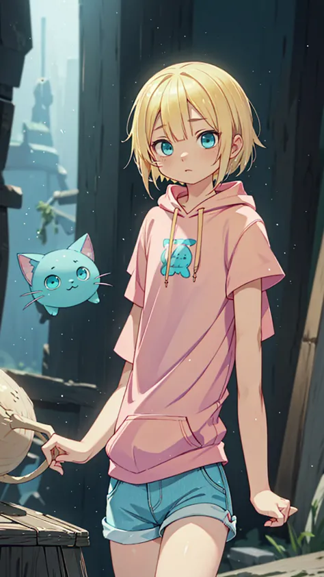 Plain pink short sleeve hoodie。Turquoise Eyes、8-year-old girl, (Eye color is turquoise), SFW,
Blonde Hair、Short Hair、Cat ear、(Bl...