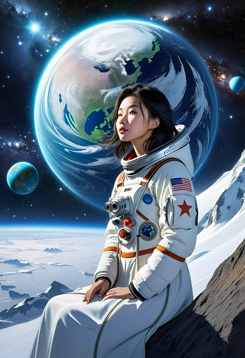 Asian girl in space on alien planet between polar star and Ursa Major