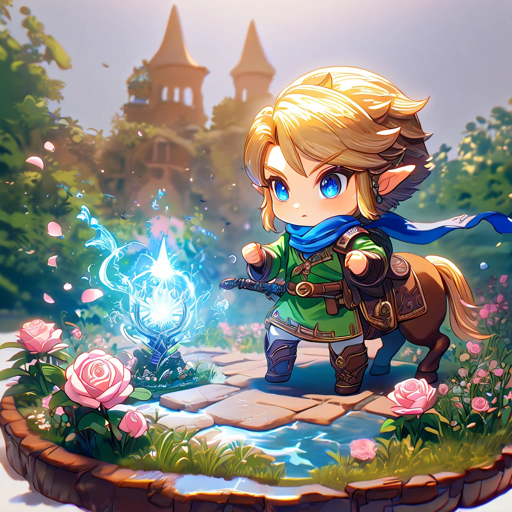 absurdesten, highres, Extrem detailliert, HDR, Meisterwerk, beste Qualität, Extrem detailliert, Chibi-Link, Blondes Haar, ausdrucksstarke blaue Augen, Die Legende von Zelda Hyrule Warriors, Junge reitet ein braunes Pferd, Niedlich, Klein, Blauer Schal, grüne Tunika, Magieal, Fantasie, Magie, garden, rosa Rosen, Rosa Blütenblätter