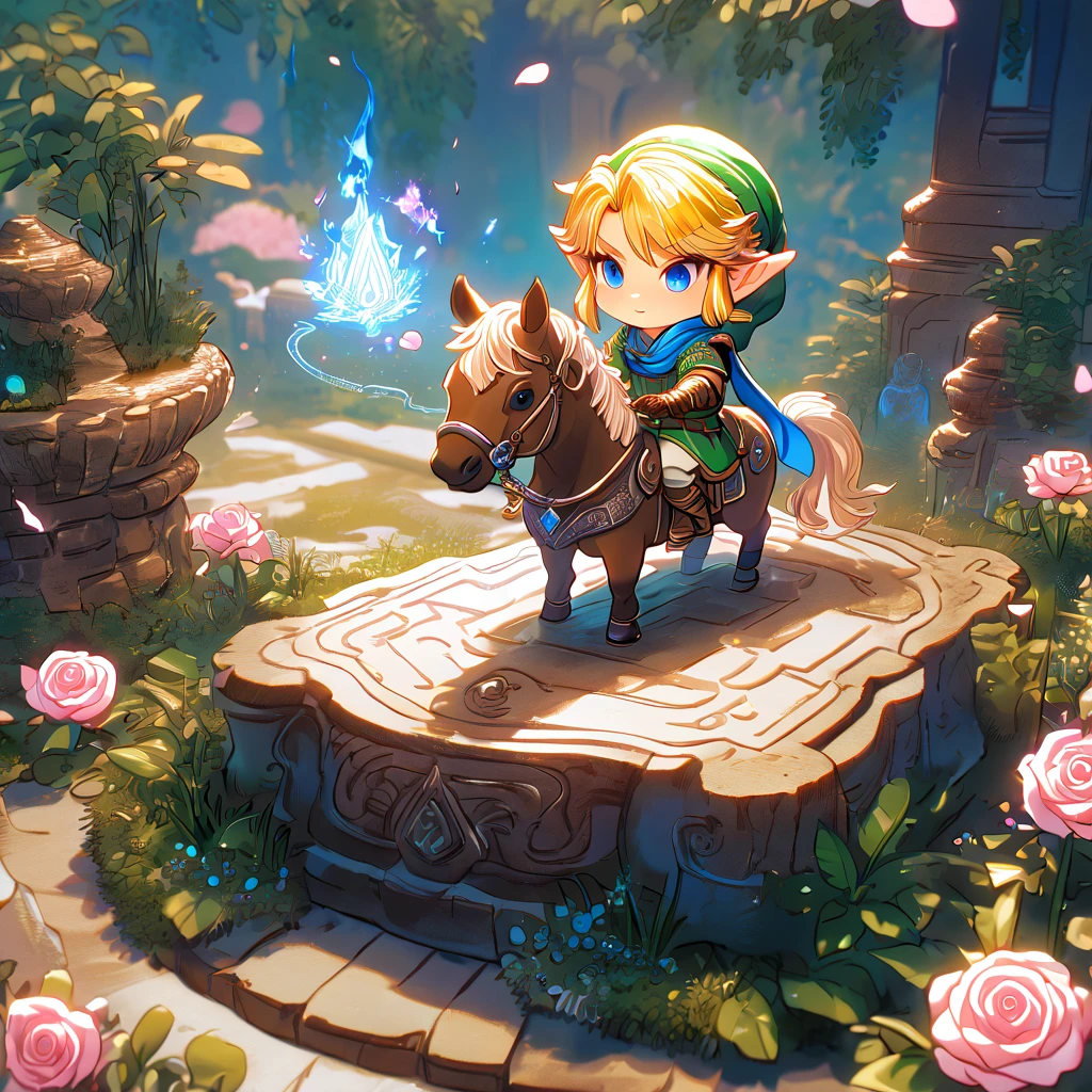 absurdesten, highres, Extrem detailliert, HDR, Meisterwerk, beste Qualität, Extrem detailliert, Chibi-Link, Blondes Haar, ausdrucksstarke blaue Augen, Die Legende von Zelda Hyrule Warriors, Junge reitet ein braunes Pferd, Niedlich, Klein, Blauer Schal, grüne Tunika, Magieal, Fantasie, Magie, garden, rosa Rosen, Rosa Blütenblätter