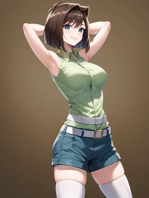 arms up behind,underboob,masterpiece, best quality, highres, aamazaki, (antenna hair:1.2), large breasts, green shirt, sleeveles...