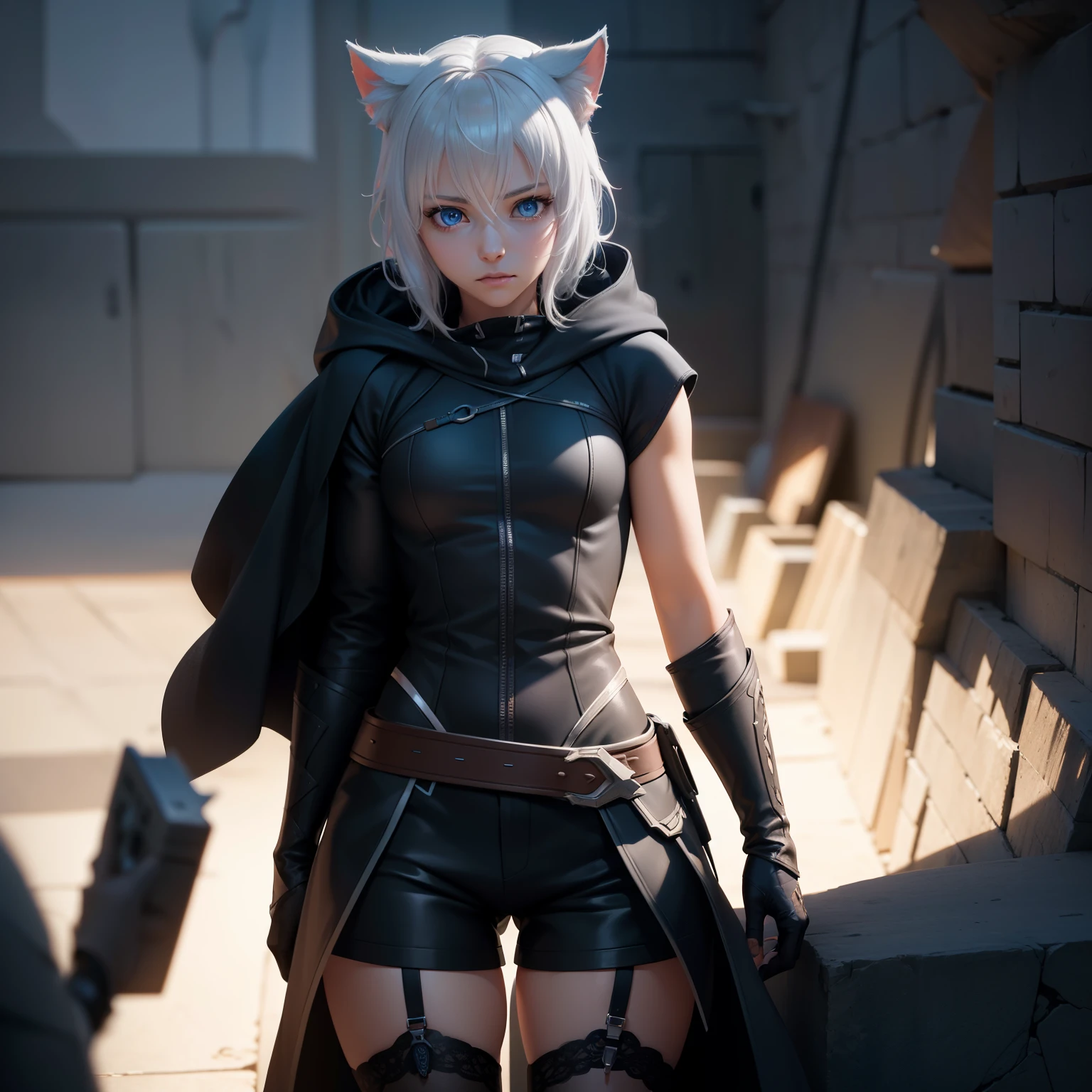 1 girl, character with cat ears, silver hair, short hair, beautiful detailed eyes, beautiful detailed lips, extremely detailed eyes and face, long eyelashes, wearing black hooded outfit, thigh-high stockings, garters, short shorts, (best quality,4k,8k,highres,masterpiece:1.2),ultra-detailed,(realistic,photorealistic,photo-realistic:1.37),concept art, fantasy, cinematic lighting, dramatic shadows You decided to wear a hoodie and covered your body, hiding yourself Rey 