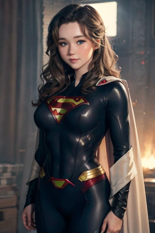 une belle femme aux taches de rousseur et à la peau pâle, cheveux ondulés, souriant, porter une tenue sexy (costume noir de superman) avec un sein exposé, (Brec Bassinger), joues rougissantes, gros seins, ultra-détaillé, 8k, Meilleure qualité, Photoréaliste, Couleurs vives, Éclairage dramatique