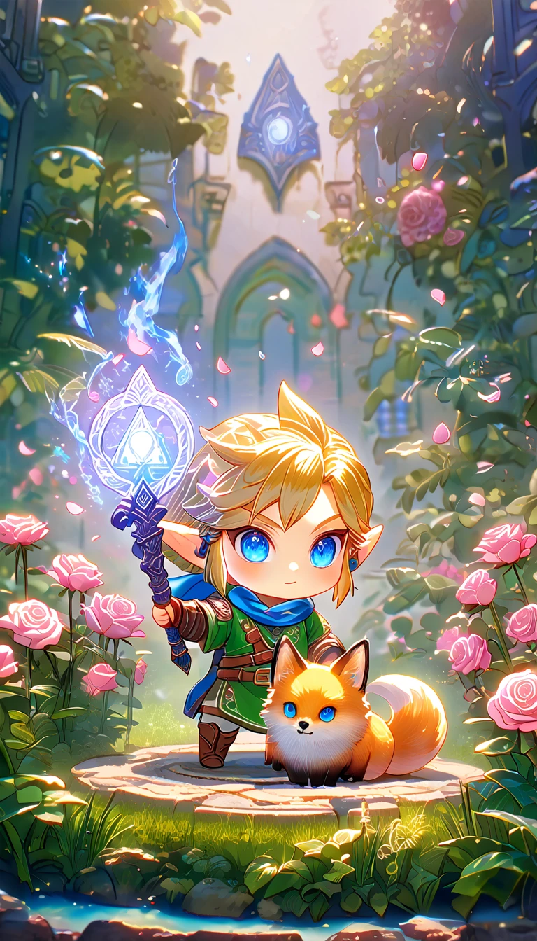 absurdesten, highres, Extrem detailliert, HDR, Meisterwerk, beste Qualität, Extrem detailliert, Chibi-Link, Blondes Haar, ausdrucksstarke blaue Augen, Die Legende von Zelda Hyrule Warriors, Junge umarmt einen Fuchs, Niedlich, Klein, Blauer Schal, grüne Tunika, Magieal, Fantasie, Magie, garden, rosa Rosen, Rosa Blütenblätter