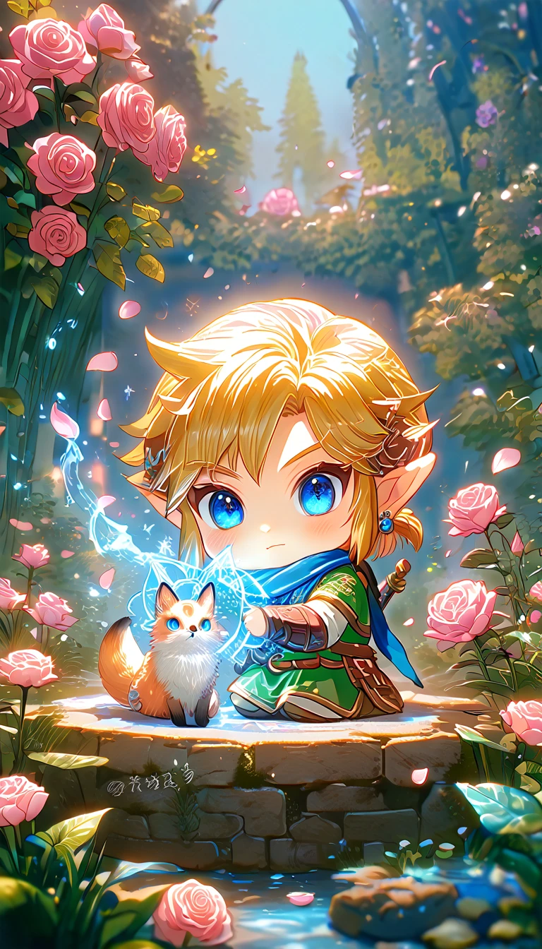 absurdesten, highres, Extrem detailliert, HDR, Meisterwerk, beste Qualität, Extrem detailliert, Chibi-Link, Blondes Haar, ausdrucksstarke blaue Augen, Die Legende von Zelda Hyrule Warriors, Junge umarmt einen Fuchs, Niedlich, Klein, Blauer Schal, grüne Tunika, Magieal, Fantasie, Magie, garden, rosa Rosen, Rosa Blütenblätter