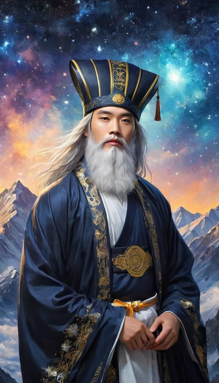 a wise old Chinese Taoist sorcerer in flowing black robe, long white beard and eyebrows, wearing a traditional scholar's hat, standing on a mountain peak gazing at the starry night sky, surrounded by glowing mystical runes and symbols, ethereal atmosphere, highly detailed, cinematic lighting, digital art, concept art, fantasy