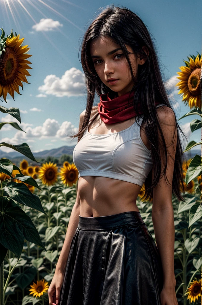 1girl, white crop top, navel, black skirt, black hair, long hair, straight hair, outside, sunflowers, red scarf, sunrays, watch, green eyes, bare arms, elbow squeeze