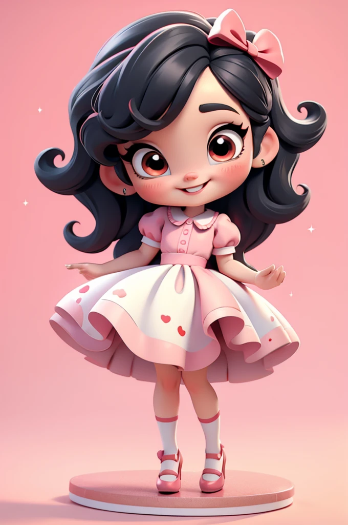 3d illustration, pixar style, cute chibi, baby girl , black hair, red bow in hair, dress red with black with white dots, bright eyes, big eyelash, pink cheeks, happy, smiling, glitter, white socks, red high heels shoes, exuberant, fantastic, cute pose, wonderful, white background, clean solid background, hq, 8k, masterpiece
