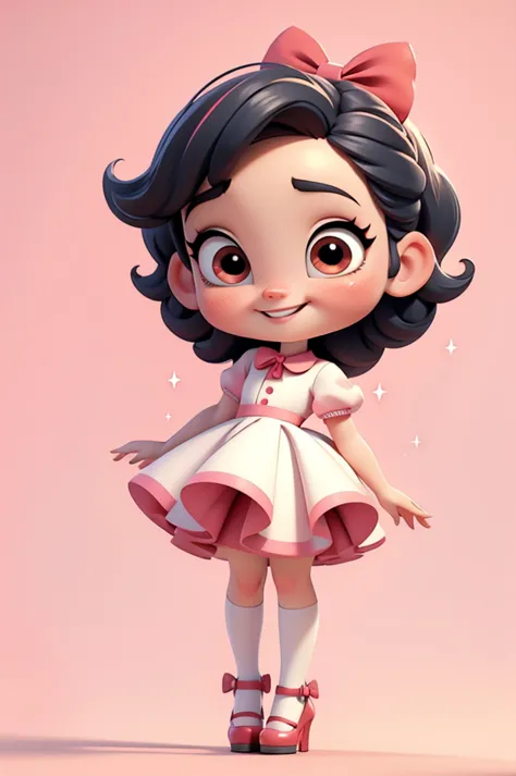 3d illustration, pixar style, cute chibi, baby girl , black hair, red bow in hair, dress red with black with white dots, bright ...