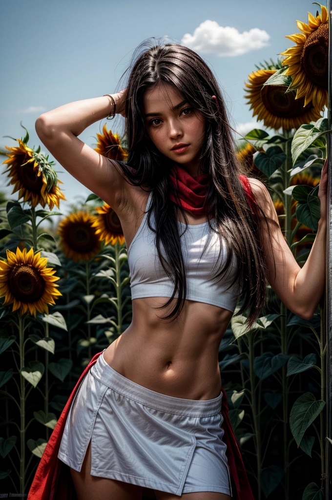 1girl, white crop top, navel, black skirt, black hair, long hair, straight hair, outside, sunflowers, red scarf, sunrays, watch, green eyes, bare arms, elbow squeeze