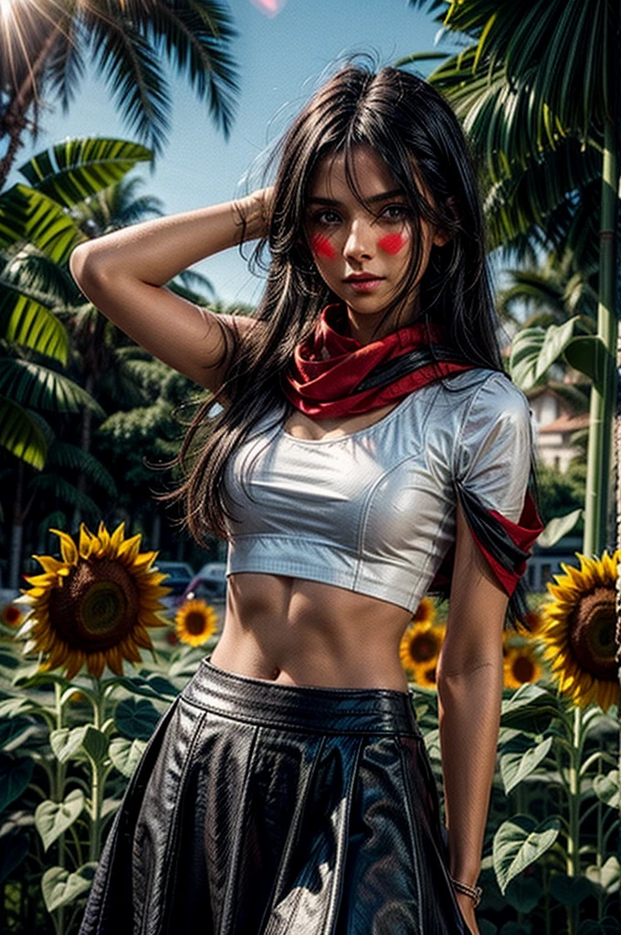 1girl, white crop top, navel, black skirt, black hair, long hair, straight hair, outside, sunflowers, red scarf, sunrays, watch, green eyes, bare arms, elbow squeeze