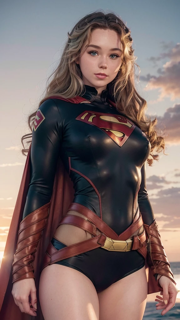 une belle femme aux taches de rousseur et à la peau pâle, cheveux ondulés, souriant, porter une tenue sexy (costume noir de superman) avec une longue cape rouge, avec un sein exposé, (Brec Bassinger), joues rougissantes, gros seins, ultra-détaillé, 8k, Meilleure qualité, Photoréaliste, Couleurs vives, Éclairage dramatique, (ciel rouge et coucher de soleil en arrière-plan)