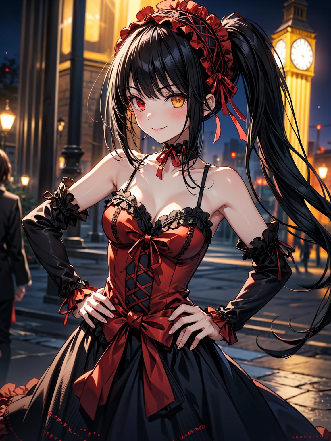 Very detailed, highest quality, masterpiece, gravure body type, medium breasts, moody angle, cowboy shot,( 1girl, solo:1.5), aakurumi, long hair, twintails, hairband, heterochromia, medium breasts, cleavage, black choker, red ribbon, bare shoulders, gothic, red dress, red bow, detached sleeves, very detailed background, outdoors, smile, hand on hip, night, city, Clock tower in the background