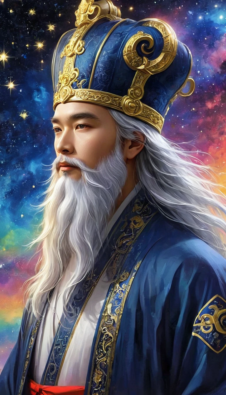 a wise old Chinese Taoist sorcerer in flowing black robe, long white beard and eyebrows, wearing a traditional scholar's hat, standing on a mountain peak gazing at the starry night sky, surrounded by glowing mystical runes and symbols, ethereal atmosphere, highly detailed, cinematic lighting, digital art, concept art, fantasy,Movie Stills, Widescreen, best quality, masterpiece, very aesthetic, Perfect composition, Intricate details, Extremely detailed, Bright colors