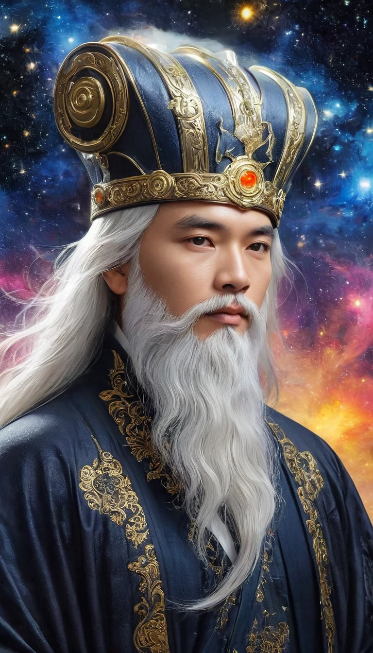 a wise old Chinese Taoist sorcerer in flowing black robe, long white beard and eyebrows, wearing a traditional scholar's hat, standing on a mountain peak gazing at the starry night sky, surrounded by glowing mystical runes and symbols, ethereal atmosphere, highly detailed, cinematic lighting, digital art, concept art, fantasy,Movie Stills, Widescreen, best quality, masterpiece, very aesthetic, Perfect composition, Intricate details, Extremely detailed, Bright colors