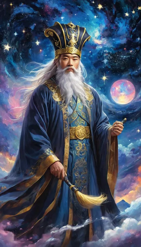 a wise old chinese taoist sorcerer in flowing black robe, long white beard and eyebrows, wearing a traditional scholar's hat, st...