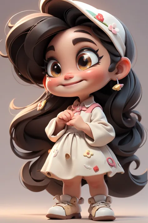 3d illustration, pixar style, cute chibi, baby girl , black hair, red bow in hair, dress red with black with white dots, bright ...