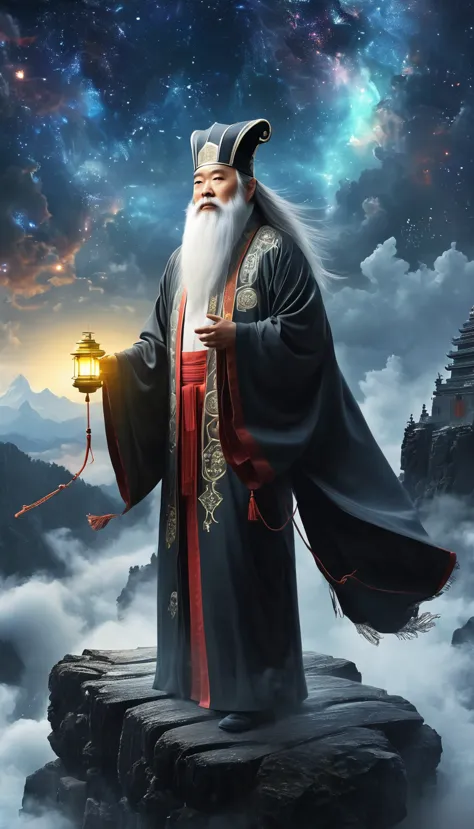 a wise old chinese taoist sorcerer in flowing black robe, long white beard and eyebrows, wearing a traditional scholar's hat, st...