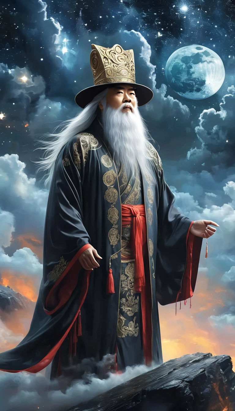 a wise old Chinese Taoist sorcerer in flowing black robe, long white beard and eyebrows, wearing a traditional scholar's hat, standing on a mountain peak gazing at the starry night sky, surrounded by glowing mystical runes and symbols, ethereal atmosphere, highly detailed, cinematic lighting, digital art, concept art, fantasy