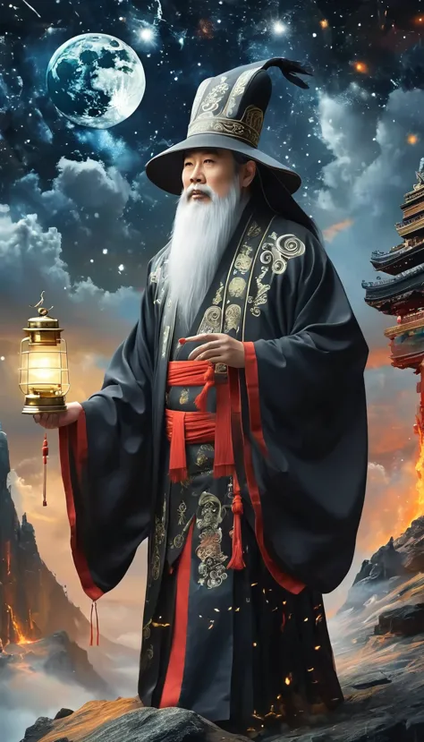 a wise old chinese taoist sorcerer in flowing black robe, long white beard and eyebrows, wearing a traditional scholar's hat, st...