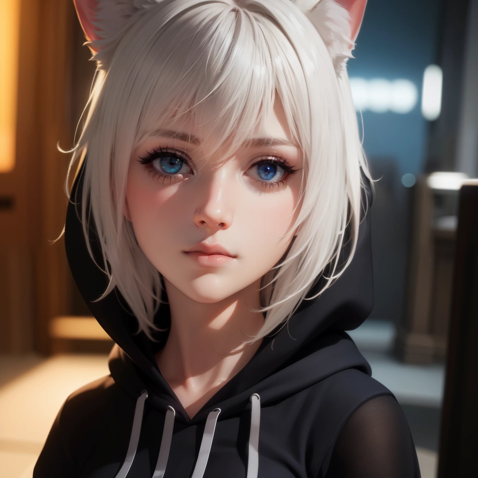 1 girl, character with cat ears, silver hair, short hair, beautiful detailed eyes, beautiful detailed lips, extremely detailed eyes and face, long eyelashes, wearing black hooded outfit, thigh-high stockings, garters, short shorts, (best quality,4k,8k,highres,masterpiece:1.2),ultra-detailed,(realistic,photorealistic,photo-realistic:1.37),concept art, fantasy, cinematic lighting, dramatic shadows You decided to wear a hoodie and covered your body, hiding yourself Rey  anime girl in hoodie,