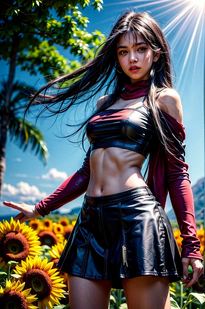 1girl, white crop top, navel, black skirt, black hair, long hair, straight hair, outside, sunflowers, red scarf, sunrays, watch, green eyes, bare arms, elbow squeeze