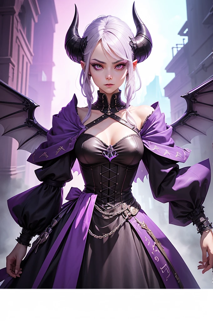 un primer plano de una persona vestida con un vestido morado y una blusa morada, hermoso príncipe andrógino, cuernos negros, Cabello plateado, delicado príncipe andrógino, vampiro andrógino, ciberpunk rococó, steampunk hermosa anime mujer, atractivo humanoide andrógino, hermosa pintura de personajes, diseño de personajes de alta calidad, como un personaje dnd, arte oficial del personaje, Arte de personajes exquisito y épico., personaje animado, alas