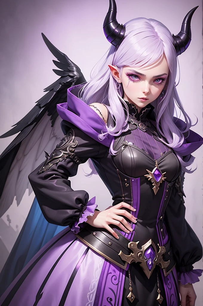 un primer plano de una persona vestida con un vestido morado y una blusa morada, hermoso príncipe andrógino, cuernos negros, Cabello plateado, delicado príncipe andrógino, vampiro andrógino, ciberpunk rococó, steampunk hermosa anime mujer, atractivo humanoide andrógino, hermosa pintura de personajes, diseño de personajes de alta calidad, como un personaje dnd, arte oficial del personaje, Arte de personajes exquisito y épico., personaje animado, alas