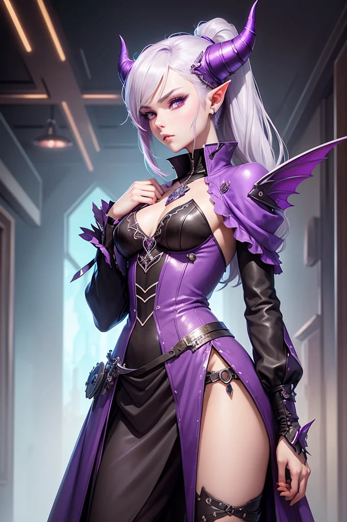 a close up of a person wearing a purple dress and a purple top, beautiful androgynous prince, black horns, silver hair, delicate androgynous prince, androgynous vampire, rococo cyberpunk, steampunk beautiful anime woman, attractive androgynous humanoid, beautiful character painting, high quality character design, as a dnd character, official character art, epic exquisite character art, anime character, wings