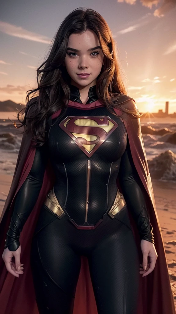 a beautiful freckled woman with pale skin, wavy hair, smiling, wearing a sexy (black superman's suit) with long red cape, with one exposed breast, (young girl), blushing cheeks, large breasts, ultra-detailed, 8k, best quality, photorealistic, vivid colors, dramatic lighting, (red sky and sunset in the background), high contrast