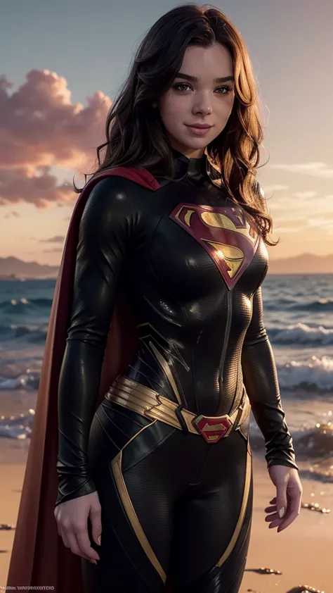 a beautiful freckled woman with pale skin, wavy hair, smiling, wearing a sexy (black superman's suit) with long red cape, with o...