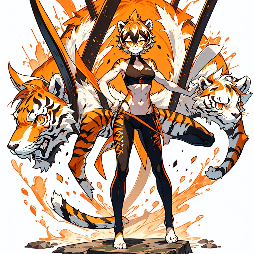 white background, full body, solo, 1girl, Standing Yoga mat, heading up, proud, young girl, animal ears, arknights, white hair, black hair, round eyewear, glasses, OPPEIN, short hair, large breasts, muscle, tail, orange eyes, orange hair, multicolored hair, tiger girl, furry female, hair between eyes, tiger_ears, tiger_tail, waai_fu, orange-tinted_eyewear, tinted_eyewear, Sophorae, ワイフー, waai_fu_arknights, tattoo, petite, neck tattoo, big breasts, stomach tattoo, bra, panties, evil smile, Shadows under feet, Abdominal muscles, nsfw, hentai, Yoga tights, Yoga balls