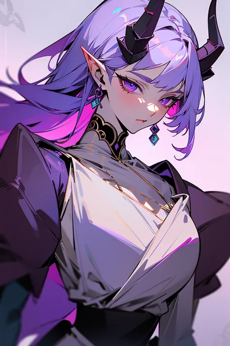 a close up of a person wearing a purple dress and a purple top, beautiful androgynous prince, black horns, silver hair, delicate...
