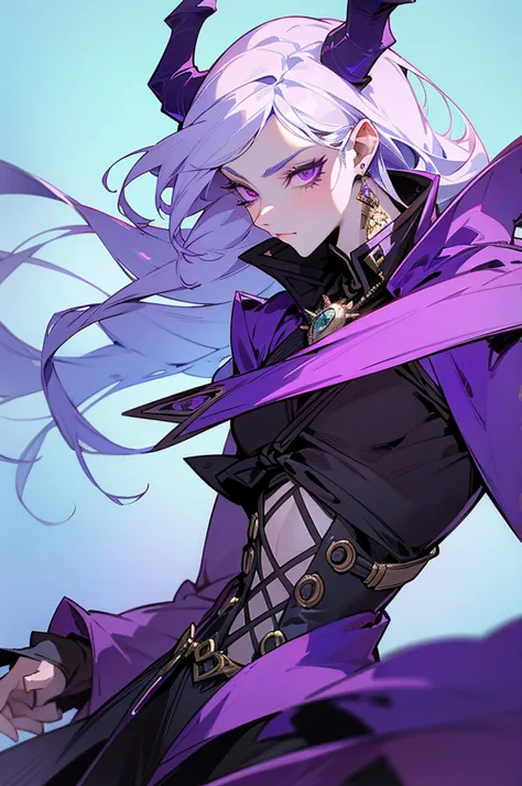 a close up of a person wearing a purple dress and a purple top, beautiful androgynous prince, black horns, silver hair, delicate...