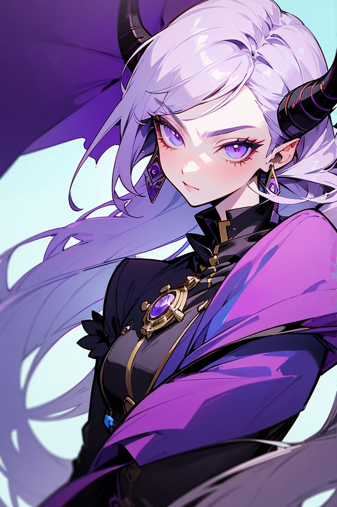 a close up of a person wearing a purple dress and a purple top, beautiful androgynous prince, black horns, silver hair, delicate androgynous prince, androgynous vampire, rococo cyberpunk, steampunk beautiful anime woman, attractive androgynous humanoid, beautiful character painting, high quality character design, as a dnd character, official character art, epic exquisite character art, anime character, wings