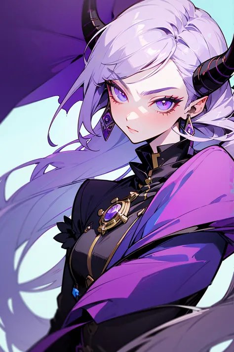 a close up of a person wearing a purple dress and a purple top, beautiful androgynous prince, black horns, silver hair, delicate...