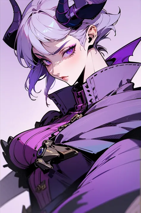 a close up of a person wearing a purple dress and a purple top, beautiful androgynous prince, black horns, silver hair, delicate...