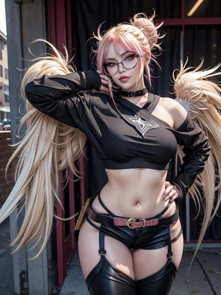 morrigan_Aensland, Hermoso rostro, Ojos rosados, ojos amorosos, demonio, juntos, cara estricta, evil sonrisa,siendo realista，Chica de 22 años，rubia corta、Gran cuerpo, lenceria sexy encaje negro ,ojos perfectos, manojos de pelo、very very pelo largo, cabello ultradetallado, cuerpo de nailon sexy, Senos agrandados、 Gran cuerpo, rubio, mujer 1.90 cm,cola de caballo, ((pelo sobre los ojos)),boca perfecta, oppai de gran rebote masivo, piel mojada, (obra maestra, mejor calidad:1.2), 1 chica, solo, Fondo de la ciudad, bruma \(fortnite\), Harpy Haze de fortnite, 1 chica, pendientes, anteojos, tiene, joyas, labios, pelo largo, mirando al espectador, constituir, esmalte de uñas, Ojos rosados, Cabello rosado, uñas rosas, sonrisa, sunanteojos, gafas teñidas, cinturón, black pantalones, top corto, sombra, diafragma, ombligo, pantalones, Gargantilla, uñas, gafas redondas, sharp uñas, de pie, black plumas, sombreros negros, hoop pendientes, sombreros con cuernos, cuernos, denim, brazos alados, adorno de plumas, estrella \(símbolo\), guantes de codo, dark pink labios, plumas, tacones, zapatos, angel alas, brazalete, black alas, top corto overhang, feathered alas, arpía, low alas, pelo multicolor, multicolored alas, pink alas, alas, Guantes sin dedos, camisa, long uñas, boater tiene, bootcut pantalones, leather pantalones, mangas, black mangas,oppai de gran rebote masivo,oppai de gran rebote masivo,oppai de gran rebote masivo,
