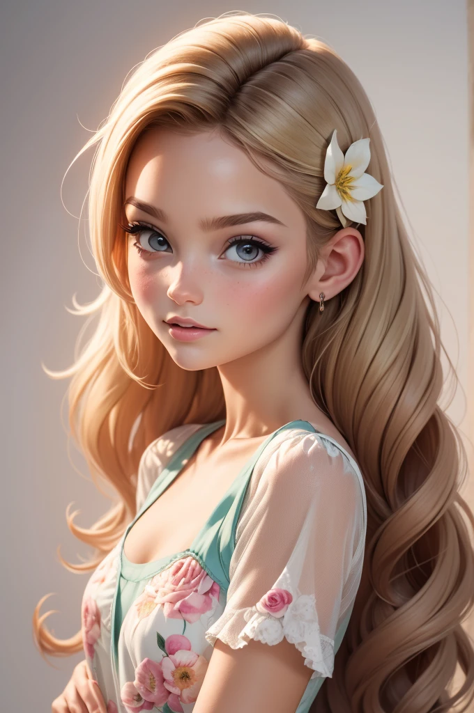 imagem de alta qualidade de uma Poupée Chibi Talor Swift: Poupée Chibi ,illustration,détails délicats,pose charmante,belle expression,couleurs douces,beaux vêtements,cheveux complexes,de beaux yeux et de belles lèvres,meilleure qualité,ultra-détaillé,photoréaliste,Couleurs vives, fond solide, éclairage professionnel, accessoires girly, expressif, serre-tête fleurs, yeux bleus, ombre Hair, cheveux longs, panier de fleurs dans les mains, belle pose, Yeux noirs, portant une tenue de fée aux couleurs pastel pailletées, menthe verte, rose, et violet doux, exubérant, parfait, centered in the photo with a fond blanc, Neuvième fois, ambiance féerique, debout, rose flat shoes, vibrant, fond blanc, cheveux blond, cheveux blond, Cheveux blonds
