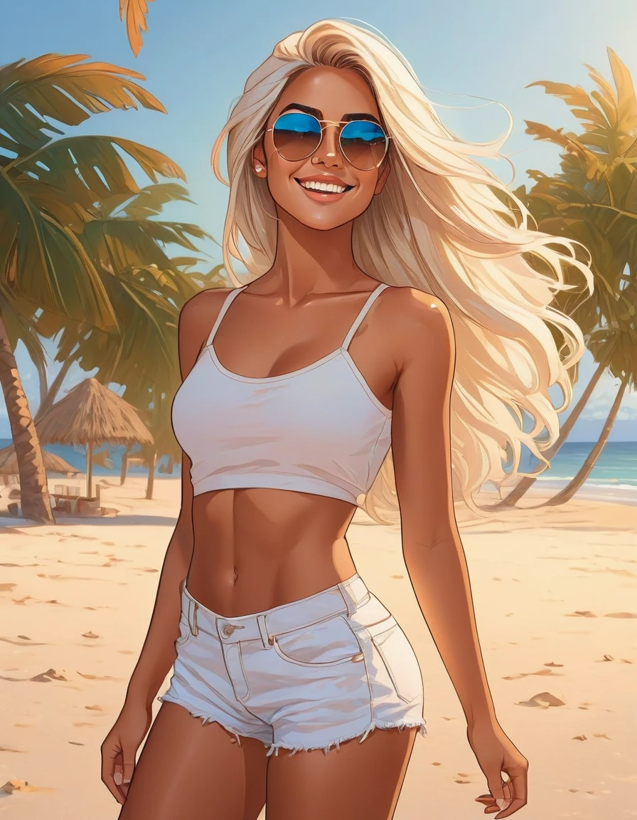 Beautiful latin american woman with tanned skin, freckles, Platinum blonde long hair with brown tips, wearing a white crop top, minishorts, sunglasses on her forehead, (1 Girl), (adult woman), (Full Body), Beautiful face, smiling, Looking away the camera, Sideview, standing on a beach, (Sexy Pose), ((Perfect face)), ((hyper bronze skin)), ((tan skin)), natural light, beautiful lighting, beautiful colors, semi realistic style, ((Beautiful detailed eyes)), ((Beautifull detailed face)), ((high detail)), ((High Definition)), (Flat Colors), (Celshading), (Illustration style), ((Lineart)), ((Perfect Lines))