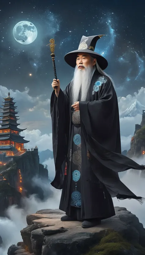 a wise old chinese taoist sorcerer in flowing black robe, long white beard and eyebrows, wearing a traditional scholar's hat, st...