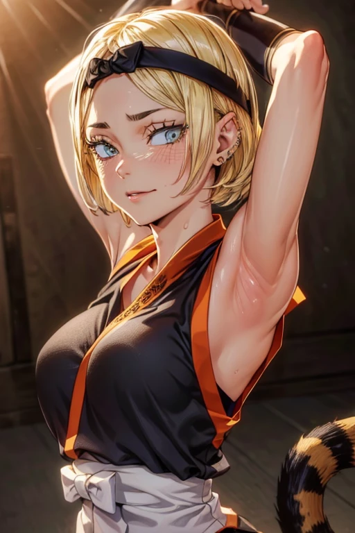 8k high resolution, detailed face, detailed body, perfect body, ultra high quality, 1 girl, sleeveless shirt, arms up, armpit, sweating, black headband, cat eyes